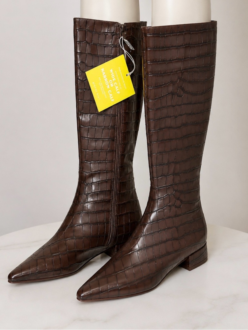 Croc-Embossed Brown Pointed-Toe Knee Boot